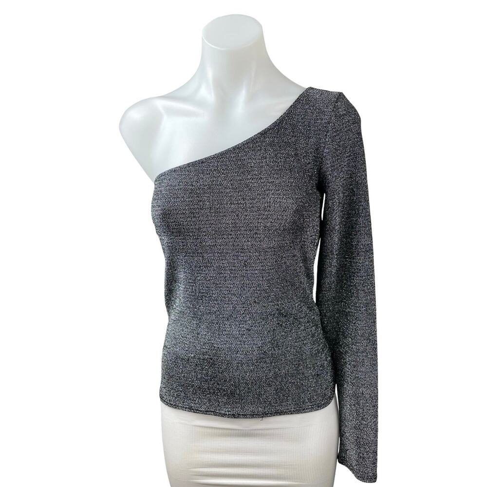 Reformation Sparkly Sterling Metallic Gray One Shoulder Long Sleeve Blouse Top S